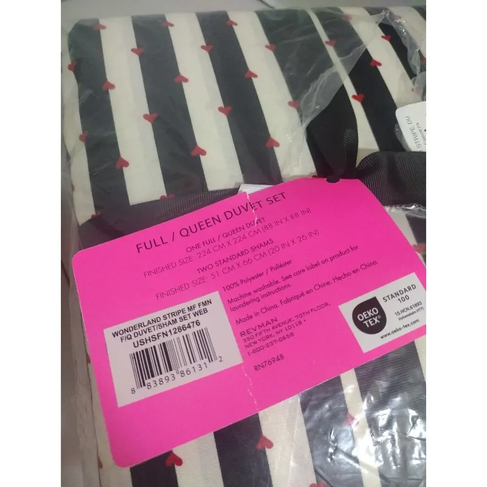 Betsey Johnson Full Queen Duvet Set~Wonderland Stripe~ Hearts Duvet/Sham Set NEW